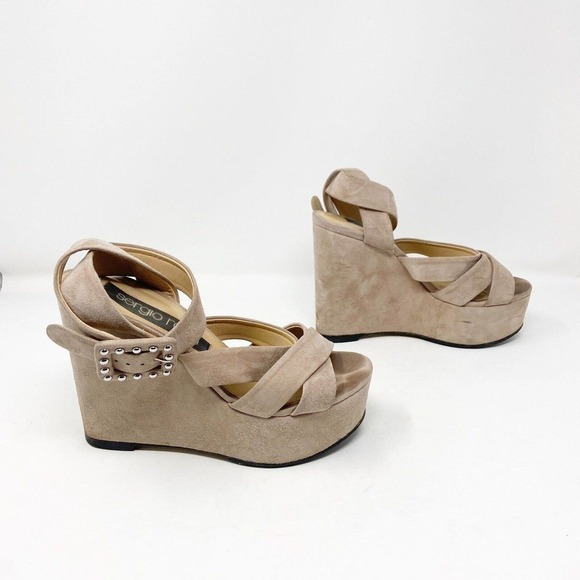 Sergio Rossi Elettra Tan Suede Studded Buckle Wedge Sandals Sz 38 (8) - Picture 2 of 9